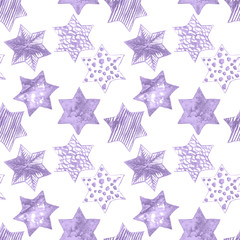 Obraz premium Seamless Watercolor Stars Pattern. Magic Festive Background. Hand Drawn Doodle Stars. Baby Design. Abstract Rapport for Wallpaper, Textile, Linen, Wrapping, Posters, Cards, Banner. New Year, Birthday 