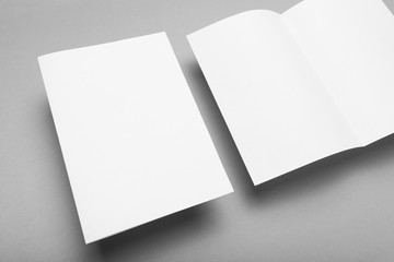 Fototapeta premium A5 paper brochure, flyer mockup on grey.