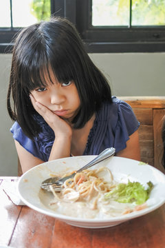 Unhappy Asian Girl Kid Getting Bored Of Food With Appetite Loss, No Hungry Habit, Eating Disorder