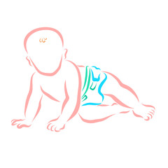 A small child crawls in a diaper