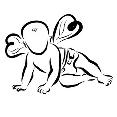 Crawling baby in a diaper with wings in the shape of a heart