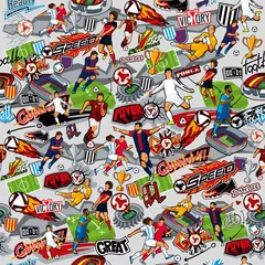 Tapeten Graffiti Nahtloses Muster zum Thema Fußball. Fußballattribute, Fußballspieler verschiedener Mannschaften, Bälle, Stadien, Graffiti, Inschriften. Vektorgrafiken