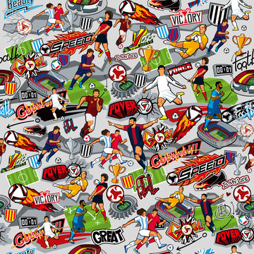 Seamless Pattern On The Theme Of Football. Football Attributes, Football Players Of Various Teams, Balls, Stadiums, Graffiti, Inscriptions. Vector Graphics