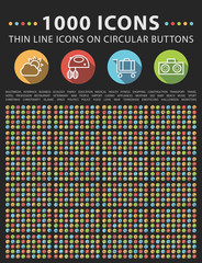 Set of 1000 Elegant Universal White Minimalistic Thin Line Icons on Circular Colored Buttons on Black Background