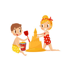 Children building castle from sand. Cute boy and girl in swimwear. Kids playing at beach. Summer outdoor activity. Flat vector design