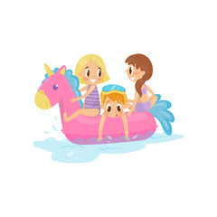 Naklejka premium Little kids swimming at sea on pink inflatable unicorn. Children on floating toy. Summer outdoor activity Flat vector design