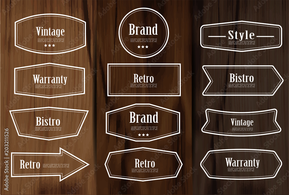 Aufkleber set of vector vintage style frame labels and elements for design, carve banner on wooden background.