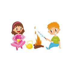 Cheerful little kids. Girl drinking tea from cup, boy cooking marshmallow on fire. Summer outdoor activity. Flat vector design
