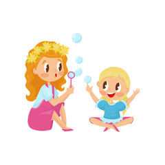 Cute girl blowing soap bubbles with her little sister. Funny kids having fun together. Outdoor activity. Flat vector design