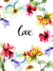 Colorful stylized flowers with title love