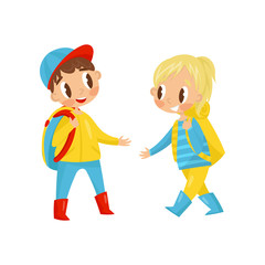 Cute boy and girl with backpack on shoulders. Children going on hiking. Outdoor activity. Flat vector design