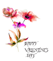 Watercolor illustration with flowers with title Happy Valentines day