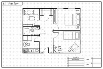 Black architecture plan of house in blueprint style