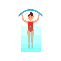 Woman engaged in aqua aerobics with noodle. Active and healthy lifestyle. Young girl in red swimsuit. Colorful flat vector design