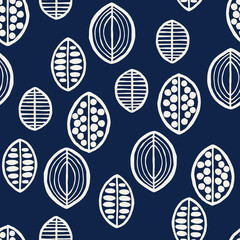 Indigo dye woodblock printed seamless ethnic floral pattern. Primitive oriental ornament, various stylized leaves or fruits, ecru on navy blue background. Textile design. - 203213523