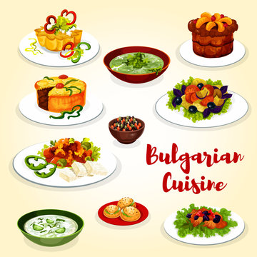 Bulgarian cuisine icon of dinner dish with dessert