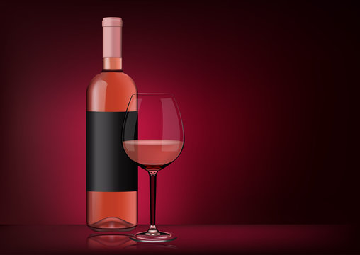 Vector image of a bottle of pink wine with label and a full glass goblet in photorealistic style on a red dark background. 3d realism illustration