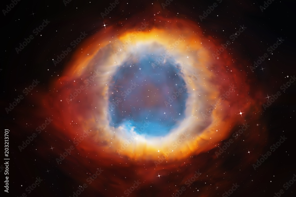 Sticker vector illustration with helix nebula. planetary nebula in deep space. abstract colorful background