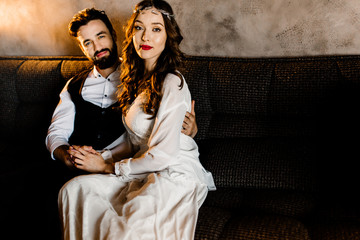 Wedding couple in the beautiful restaurant