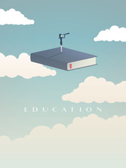 Education vector concept. Businesswoman or student standing on book looking at future. Symbol of career, job, graduate, achievement, wisdom.