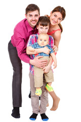 Happy four-member family. Isolated on White Background. Father and Mother with two boys. Parents with Children have fun