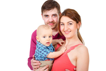 Happy and smiling young family Portrait isolated on White Background. Father and Mother with Little Baby boy. Parents with Child