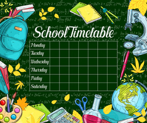 School timetable sketch banner on green chalkboard