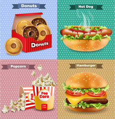 Fast food set with burger, hot dog, and french fries. Vector realistic 3d illustrations