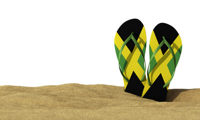 Jamaica flag flip flop sandals on a white background. 3D Rendering