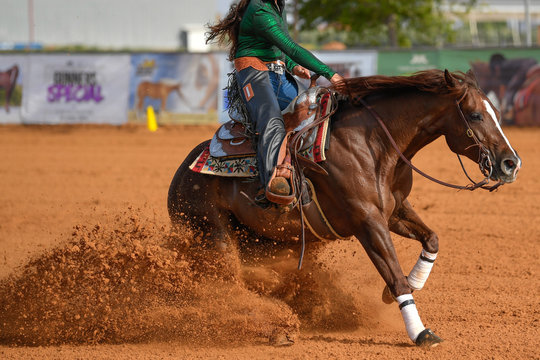 The side view of a rider in cowboy chaps and boots on a horseback stopping the horse in the dust.