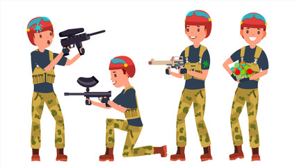 Paintball Player Vector. Battle. Team Members. Professional Gamer. Bright Splashes. Uniform. Competitions. Flat Cartoon Illustration