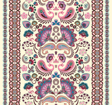 Indian seamless pattern. Wallpaper with Paisley. Ethnic style. Border ornament. Pastel blue pink beige