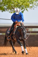 Photo sur Plexiglas Léquitation La vue de face d& 39 un cavalier en jeans, chaps de cow-boy et chemise à carreaux sur un cheval de reining galopant dans l& 39 argile rouge d& 39 une arène.