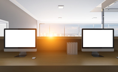 Modern meeting room. 3D rendering.. Sunset