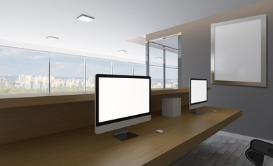 Front view of an office interior with a row of dark wood tables. 3D rendering.. Blank paintings