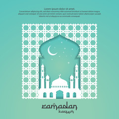Naklejka premium Ramadan Kareem islamic greeting card design with 3D dome mosque, door or window, and pattern element. paper cut background style. Vector illustration.