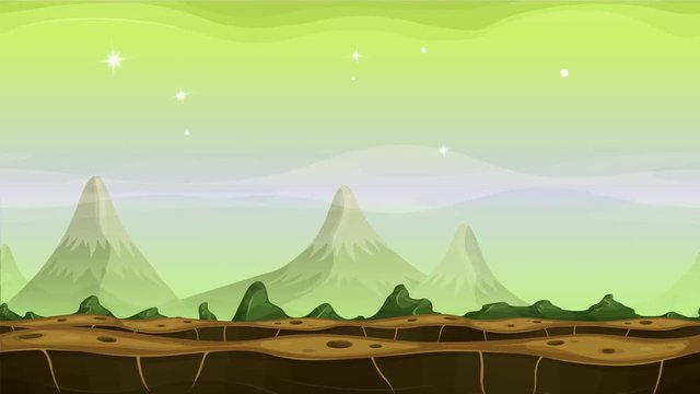 Fantasy Alien Mountains Background Loop/
Seamless looped animation of a cartoon funny sci-fi alien planet landscape background, with layers for parallax including mountains range, stars and planets
