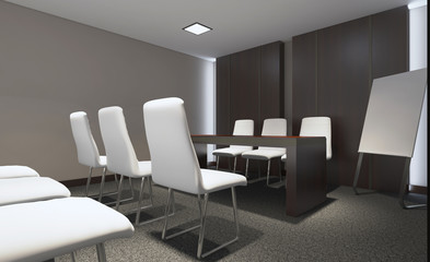 Conference room with wooden table. 3D rendering.