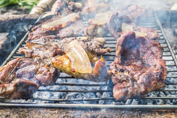 Meat on the grill in nature 