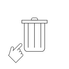 Cartoon businessman hand put paper in office trash recycle bin for garbage. Bin for papers. Vector illustration in flat design on blue background