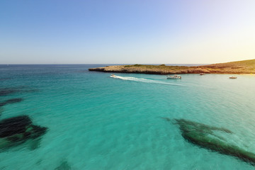 Idyllic mediterranean coastal paradise with clear blue turquoise water. Cala Varques Manacor in Majorca island. Holidays travel concept.