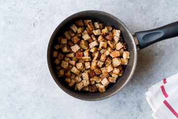 Healthy Organic Crispy Croutons Fried in Pan.