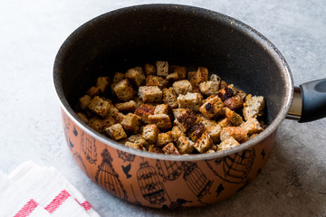 Healthy Organic Crispy Croutons Fried in Pan.