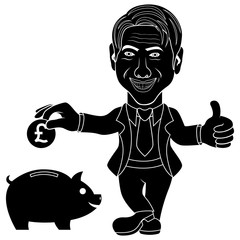 Men throwing a Pound coin in piggy bank