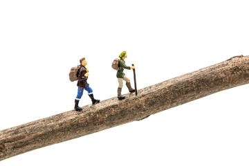 Miniature people travelers trekking on a branch on white background