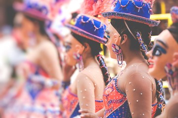 Dansers op het carnaval van Oruro in Bolivia, uitgeroepen tot UNESCO Cultureel Werelderfgoed in Oruro, Bolivia