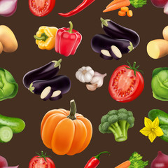 Seamless pattern with vegetables. Vegeterian food. Tomato, pumpkin, cabbage, potatoes onion broccoli carrot pepper and garlic. 3d realism vector illustration.