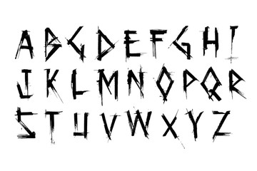 Alphabet set of black capital handwritten letters. Uppercase font with semi-dry brush strokes in horror style.