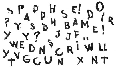 The font set of black ink letters on a white background. Careless, fast style of writing.