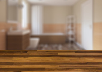 Clean and fresh bathroom with natural light.  The wooden table. Blurred interior.